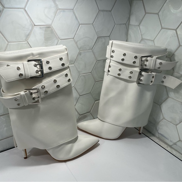Wlid Diva Lounge White Stiletto Buckle Boot Size 7.5 M Zaily Boot High Heel - Picture 8 of 12